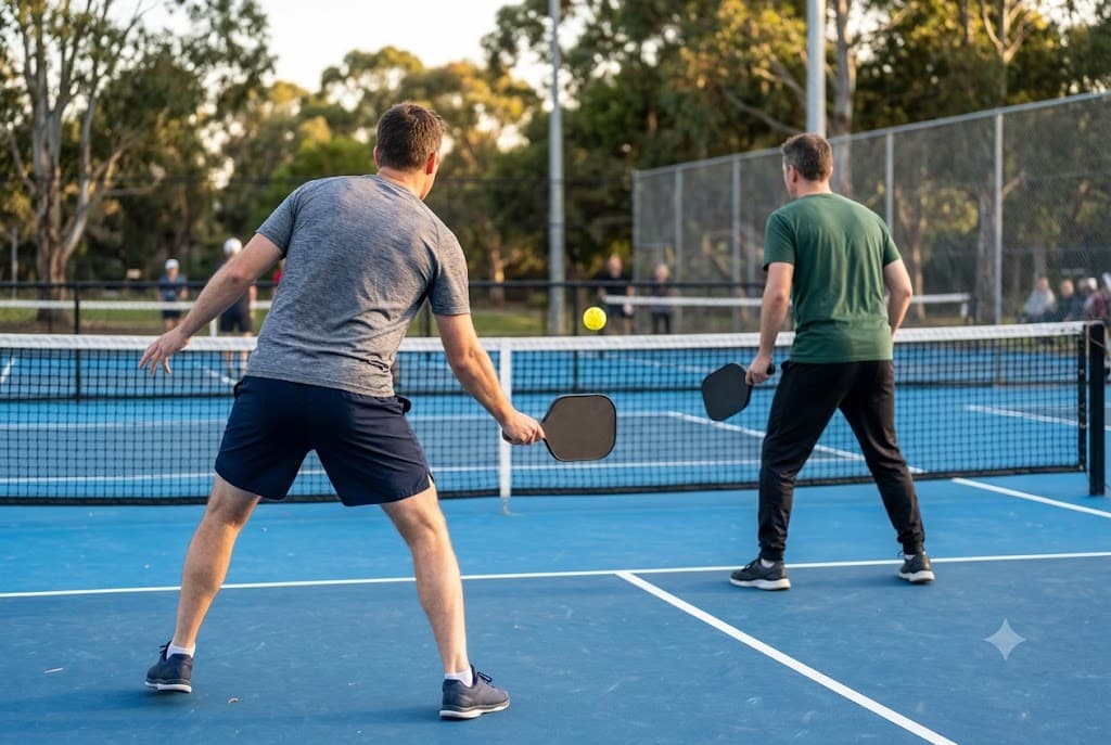 Two players on an outdoor pickleball court mid-rally