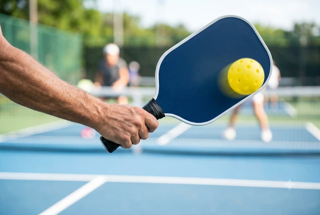 A hand gripping a pickleball paddle about to strike a ball