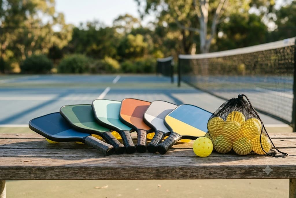 Pickleball paddles and a bag of balls resting on a court bench