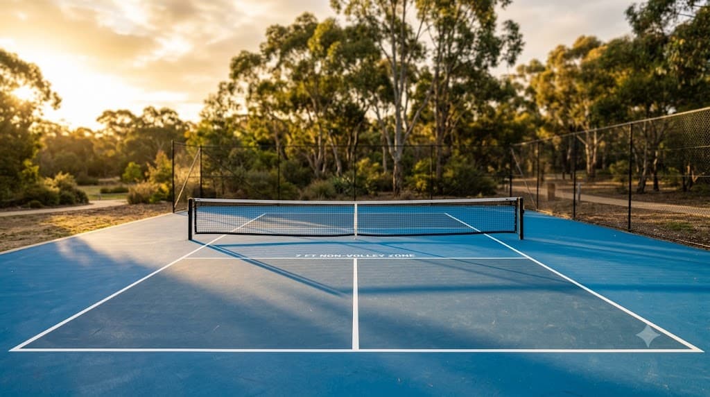 An outdoor pickleball court at golden hour