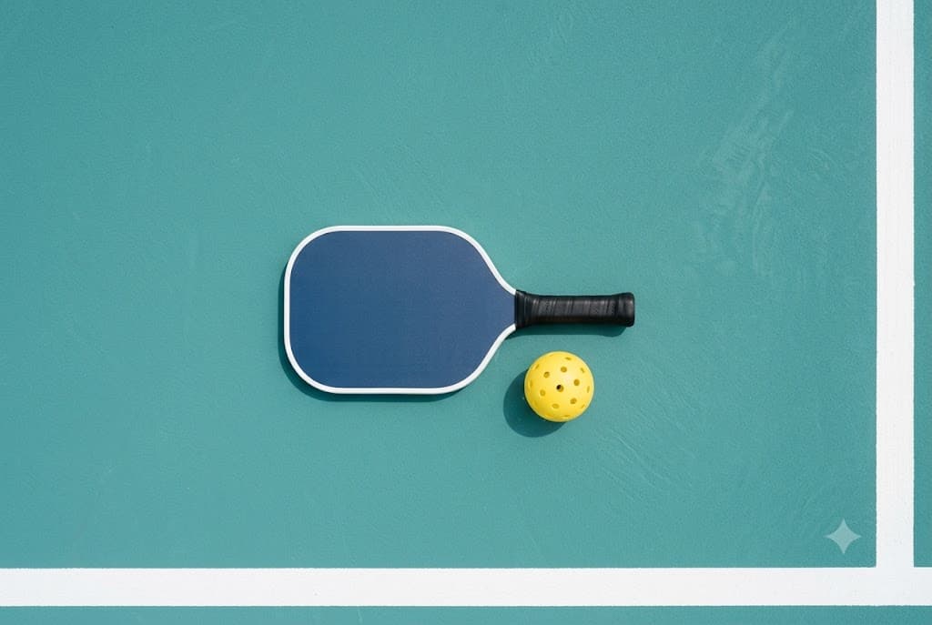 A pickleball paddle and a yellow perforated ball on a teal court