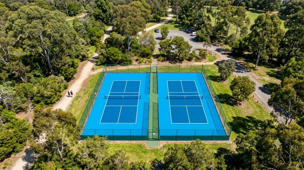 Outdoor pickleball courts surrounded by parkland